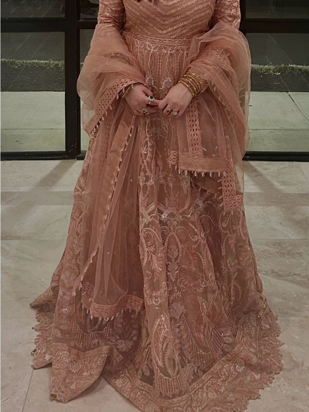 Peach Embroidered Lace Formal Gown with Sheer Dupatta